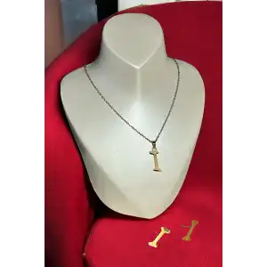 Altın Renk I Harfli Çelik Kolye Ve Küpe Set