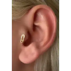 Altın Renk İğne Taş Detaylı Çelik Tragus/Kıkırdak Küpe/Piercing (Tek)