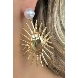 Altın Renk İnci Detaylı Çelik Küpe (Çift)