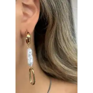 Altın Renk İnci Detaylı Çelik Küpe (Çift)