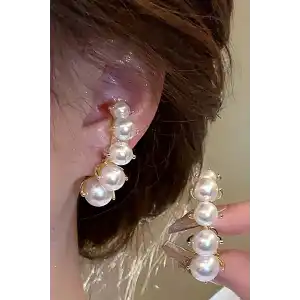 Altın Renk İnci Detaylı Çelik Küpe (Çift)