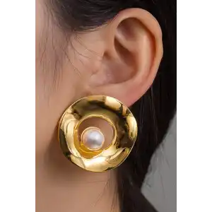 Altın Renk İnci Detaylı Küpe (Çift)