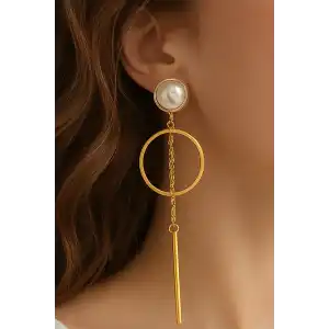 Altın Renk İnci Detaylı Sallantılı Küpe (Çift)