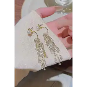 Altın Renk İnci Detaylı Taşlı Küpe (Çift)