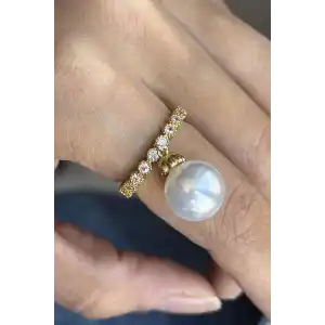 Altın Renk İnci Ve Taş Detaylı Ayarlanabilir Yüzük