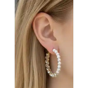 Altın Renk İnci Ve Taş Detaylı Halka Küpe (Çift