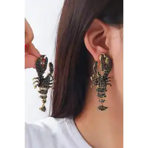 Altın Renk Istakoz Figürlü Taş Detaylı Tasarım Küpe(Çift)