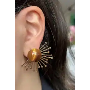 Altın Renk Kahve Taş Detaylı Küpe (Çift)