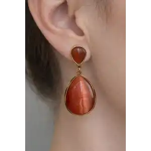 Altın Renk Kahverengi Sallantılı Çelik Küpe (Çift)