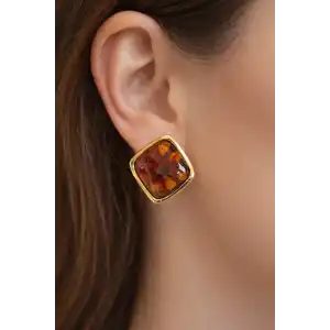 Altın Renk Kahverengi Taş Detaylı Küpe (Çift)