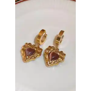 Altın Renk Kalp Detaylı Çelik Küpe (Çift)