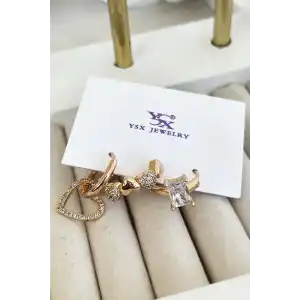 Altın Renk Kalp Detaylı VİP 3lü YSX Küpe Set