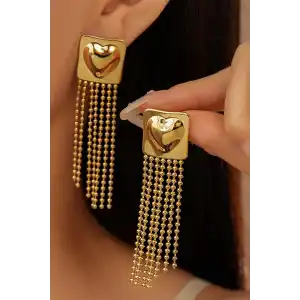 Altın Renk Kalp Figürlü Sallantılı Çelik Küpe (Çift)