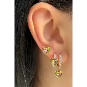 Altın Renk Kalp Figürlü Taş Detaylı 3lü YSX Küpe Set