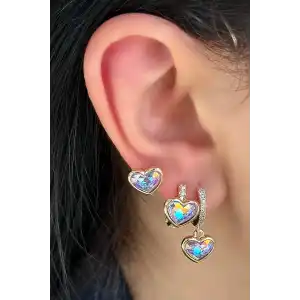 Altın Renk Kalp Figürlü Taş Detaylı 3lü YSX Küpe Set