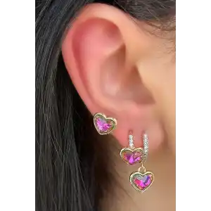 Altın Renk Kalp Figürlü Taş Detaylı 3lü YSX Küpe Set