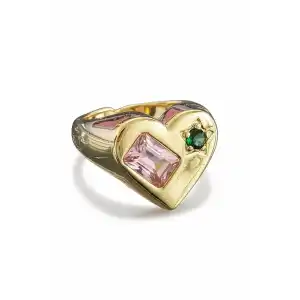 Altın Renk Kalp Figürlü Taş Detaylı Ayarlanabilir Yüzük