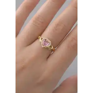 Altın Renk Kalp Figürlü Taş Detaylı Ayarlanabilir Yüzük