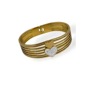 Altın Renk Kalp Figürlü Taş Detaylı Çelik Kelepçe Bileklik