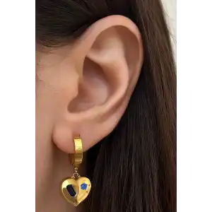 Altın Renk Kalp Figürlü Taş Detaylı Çelik Küpe (Çift)