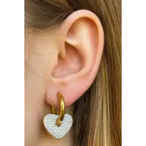 Altın Renk Kalp Figürlü Taş Detaylı Çelik Küpe (Çift)