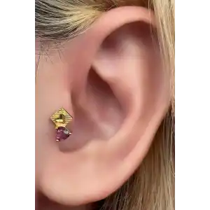 Altın Renk Kalp Figürlü Taş Detaylı Cerrahi Çelik Tragus/Kıkırdak Küpe/Piercing (Tek)