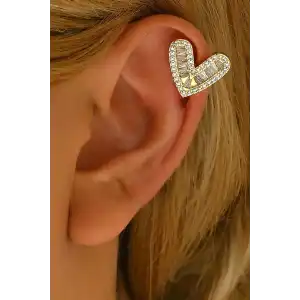 Altın Renk Kalp Figürlü Taş Detaylı Ear Cuff (Tek)