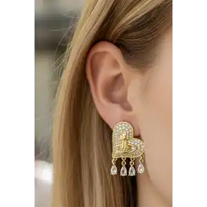 Altın Renk Kalp Figürlü Taş Detaylı Küpe (Çift)