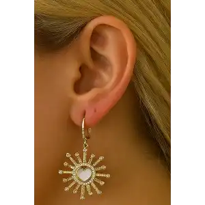 Altın Renk Kalp Figürlü Taş Detaylı Küpe (Çift)