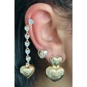 Altın Renk Kalp Figürlü Taş Detaylı VİP 3lü YSX Küpe Set