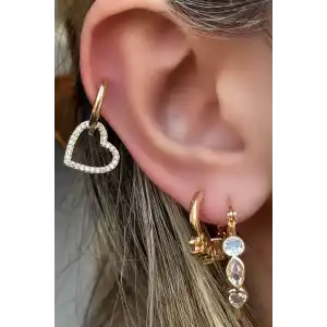 Altın Renk Kalp Figürlü Taş Detaylı VİP 3lü YSX Küpe Set