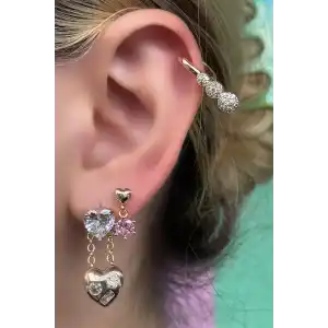 Altın Renk Kalp Figürlü Taş Detaylı VİP 3lü YSX Küpe Set