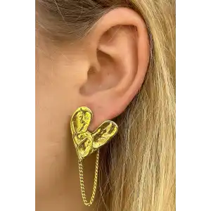 Altın Renk Kalp Figürlü Zincir Detaylı Çelik Küpe (Çift)