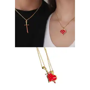 Altın Renk Kalp Ve Kılıç Figürlü İkili Çelik Sevgili Kolyesi
