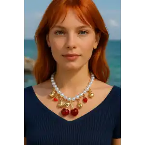 Altın Renk Karışık Figürlü İnci Detaylı Tasarım Kolye