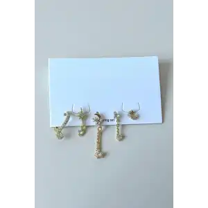 Altın Renk Karışık Figürlü Taş Detaylı 5li Küpe Set