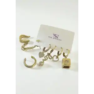 Altın Renk Karışık Figürlü Taş Detaylı 6lı YSX Küpe Set