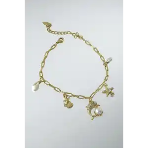 Altın Renk Karışık Figürlü Taş Ve İnci Detaylı YSX Bileklik