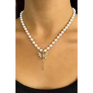 Altın Renk Kelebek Figürlü Çelik İnci Kolye