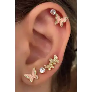 Altın Renk Kelebek Figürlü Taş Detaylı 6lı Küpe Set