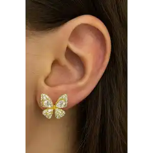 Altın Renk Kelebek Figürlü Taş Detaylı Küpe (Çift)