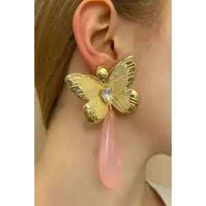 Altın Renk Kelebek Figürlü Taş Detaylı Tasarım Küpe (Çift)