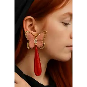 Altın Renk Kelebek Figürlü Taş Detaylı Tasarım Küpe (Çift)