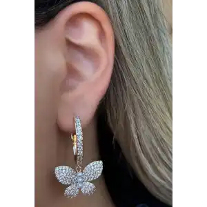 Altın Renk Kelebek Figürlü Taş Ve İnci Detaylı Çelik Xupıng Küpe (Çift)