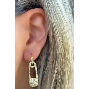 Altın Renk Kilit Figürlü Taş Detaylı Çelik Küpe (Çift)