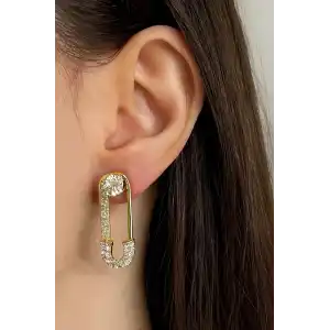 Altın Renk Kilit Figürlü Taş Detaylı Küpe (Çift)