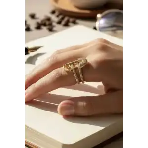 Altın Renk Kilitli İğne Figürlü 14K Altın Kaplama Ayarlanabilir Yüzük