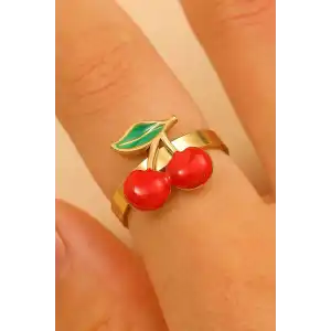 Altın Renk Kiraz Figürlü Ayarlanabilir Çelik Yüzük