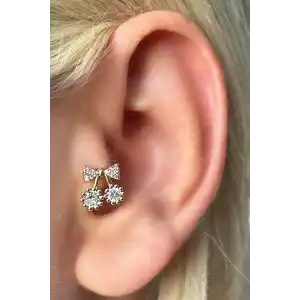 Altın Renk Kiraz Figürlü Çelik Tragus/Kıkırdak Küpe/Piercing (Tek)