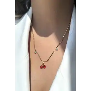 Altın Renk Kiraz Figürlü Taş Detaylı Ezme Pul Kolye